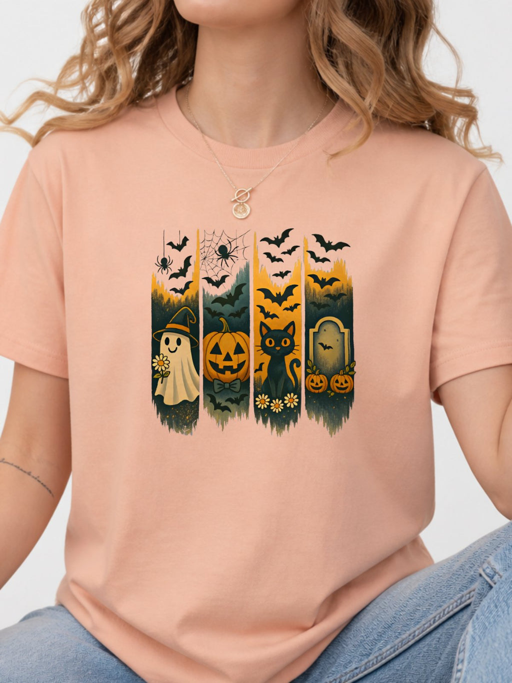 Halloween Ghost Black Cat Pumpkin Bat Graphic T-Shirt - Dusty Rose Model