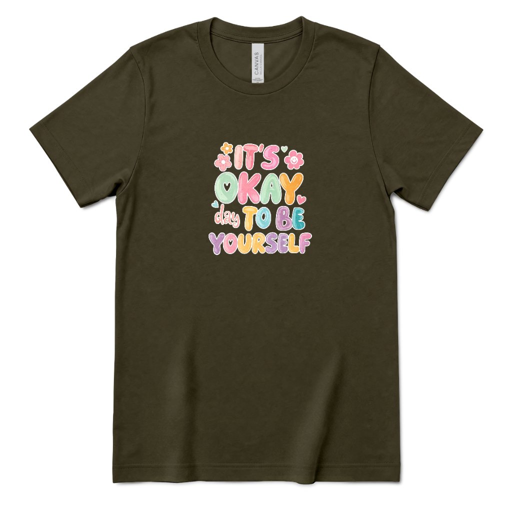 Retro Bubble Letter Positive Tee, Self Acceptance Graphic T‑Shirt, Mental Health Awareness, Be Kind To Yourself Top - Army Front