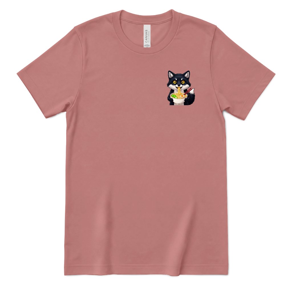 Cute Wolf Eating Ramen Pocket Print Tee, Kawaii Noodle Lover Shirt, Small Graphic T‑Shirt, Anime Food Tee, Casual Minimal Animal Top - Mauve Front