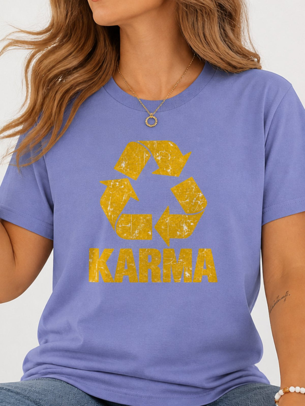 Karma Recycle Symbol Distressed Graphic T-Shirt - Violet Model