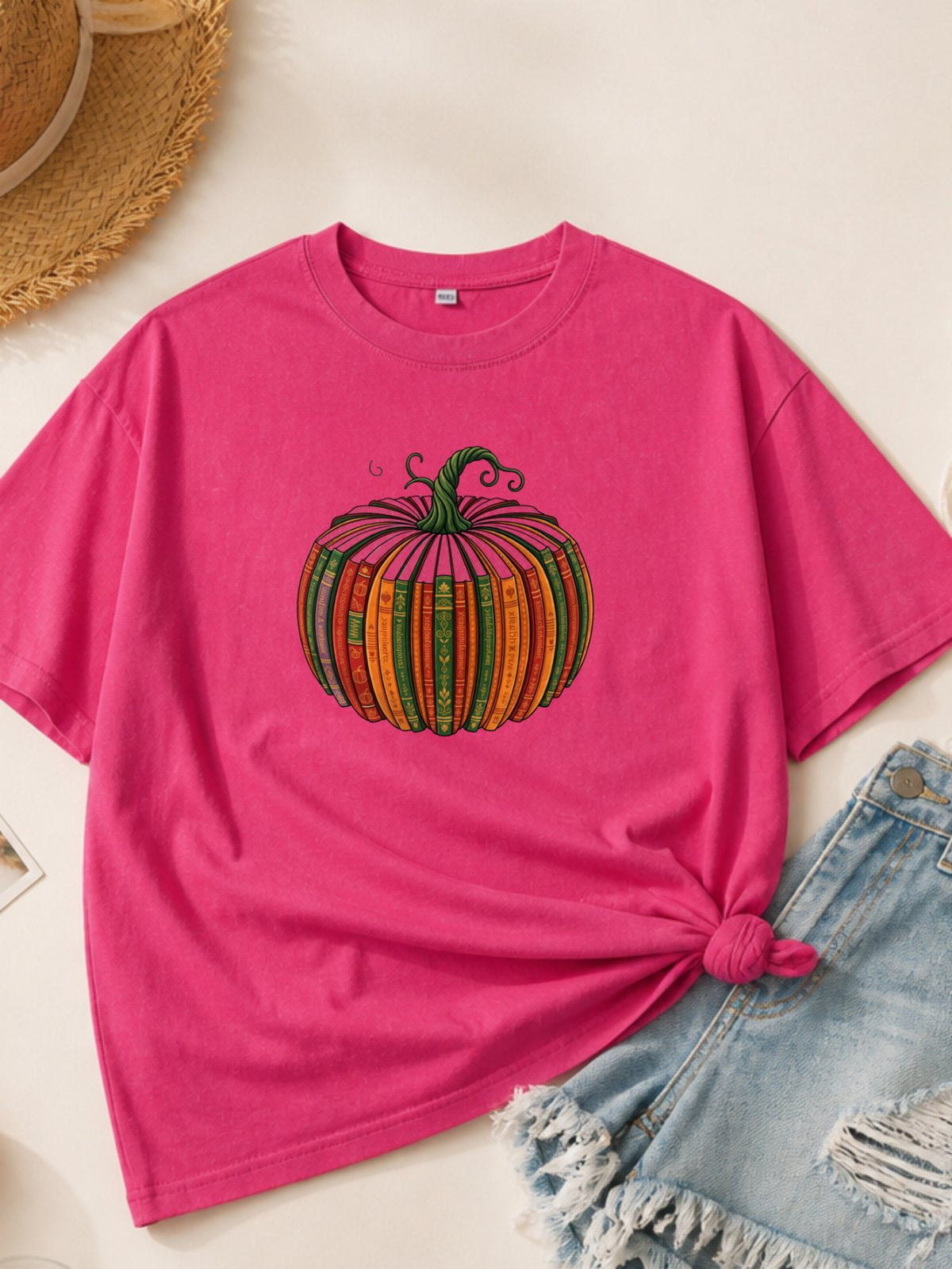 Colorful Antique Book Pumpkin Fall Graphic Oversized T Shirts for Women Men Vintage Washed Unisex Tees, Drop Shoulder Retro Soft Casual Streetwear Crew Neck Tops - Fuchsia Model
