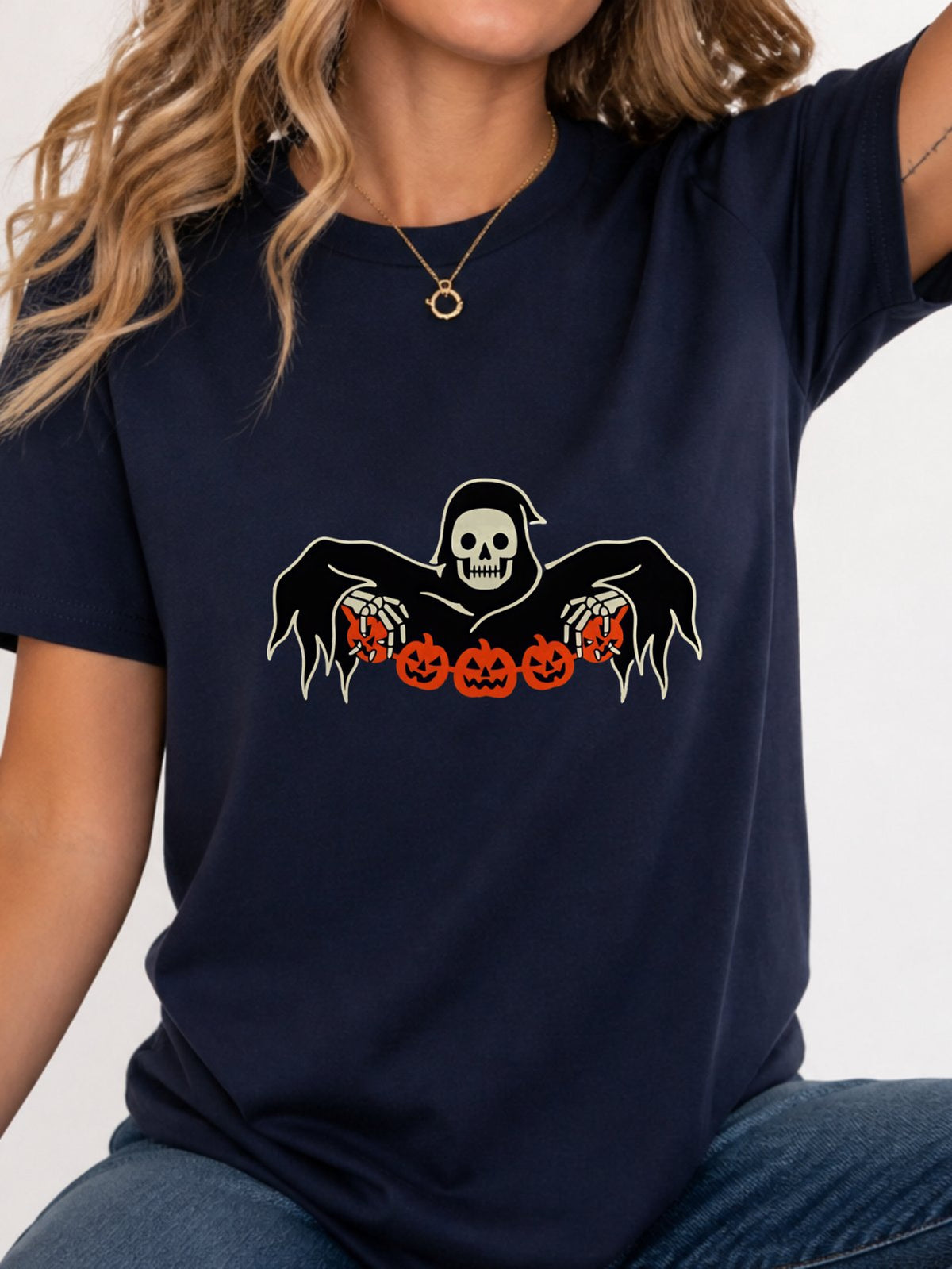 Grim Reaper Skeleton Pumpkin Halloween Tee - Navy Model