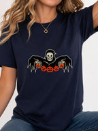 Grim Reaper Skeleton Pumpkin Halloween Tee - Navy Model