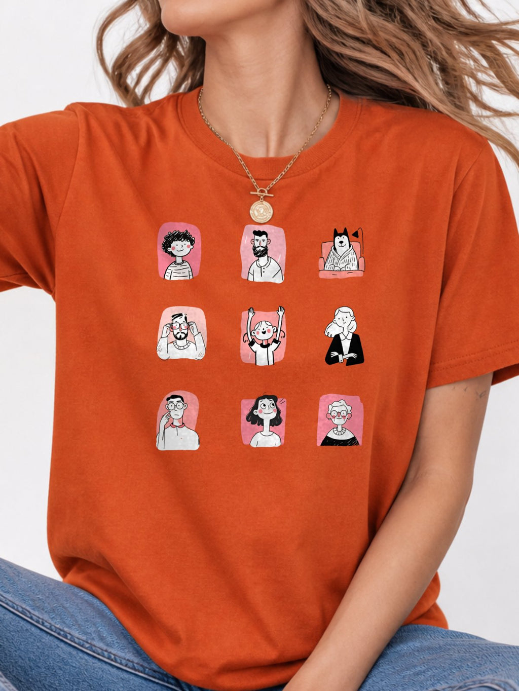 Cute Cartoon People Characters T-Shirt - Texas Orange Model