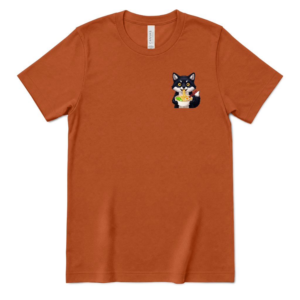 Cute Wolf Eating Ramen Pocket Print Tee, Kawaii Noodle Lover Shirt, Small Graphic T‑Shirt, Anime Food Tee, Casual Minimal Animal Top - Autumn Front