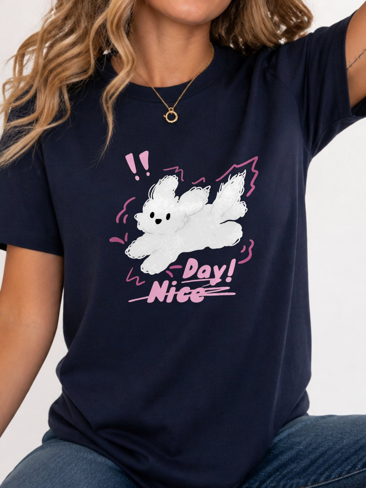Nice Day Fluffy Dog Graphic T-Shirt - Navy Model