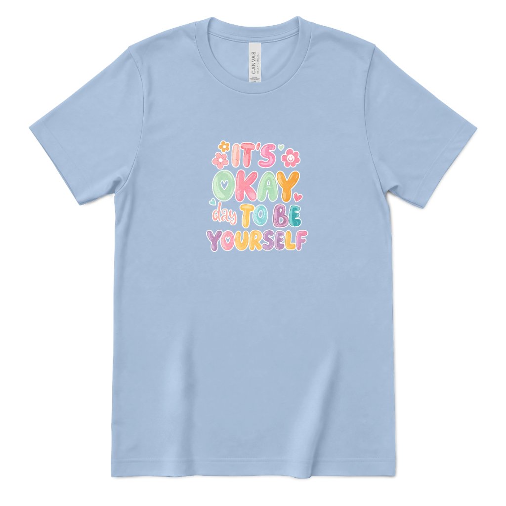 Retro Bubble Letter Positive Tee, Self Acceptance Graphic T‑Shirt, Mental Health Awareness, Be Kind To Yourself Top - Baby Blue Front