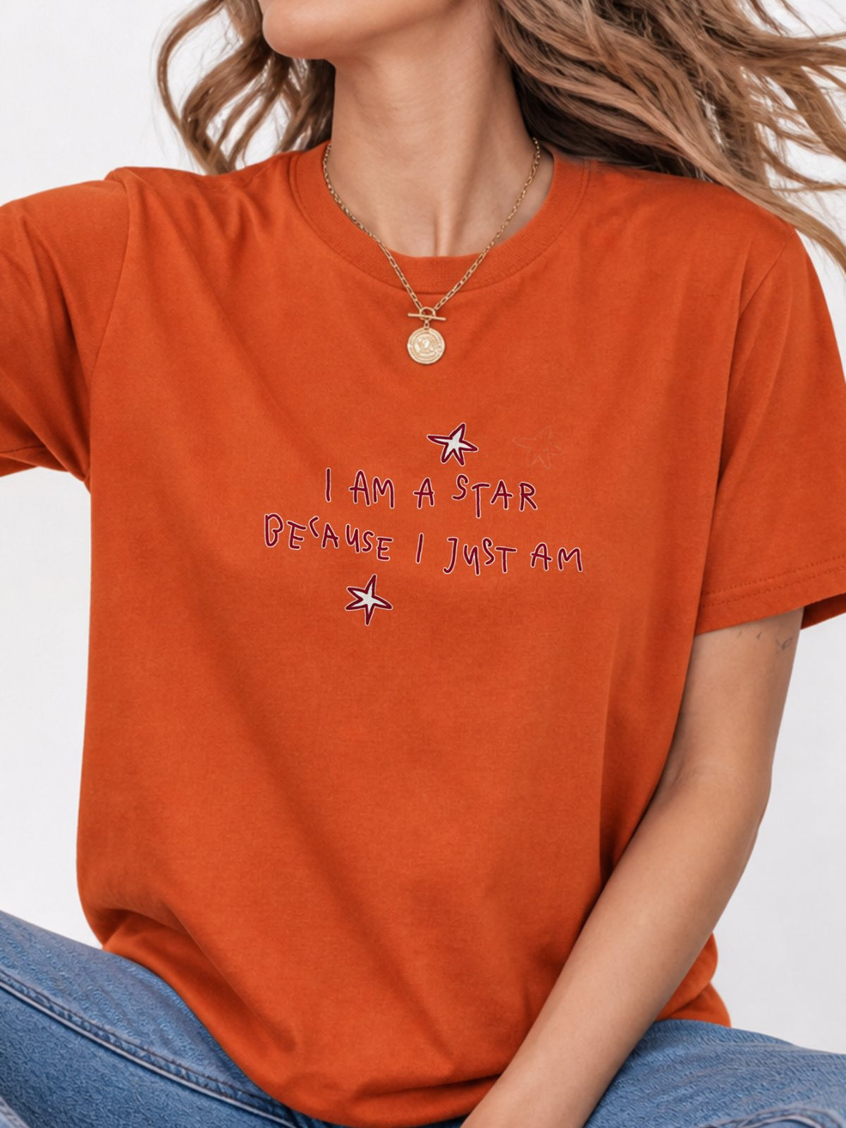 I Am A Star Handwritten Star Quote Graphic T-Shirt - Texas Orange Model