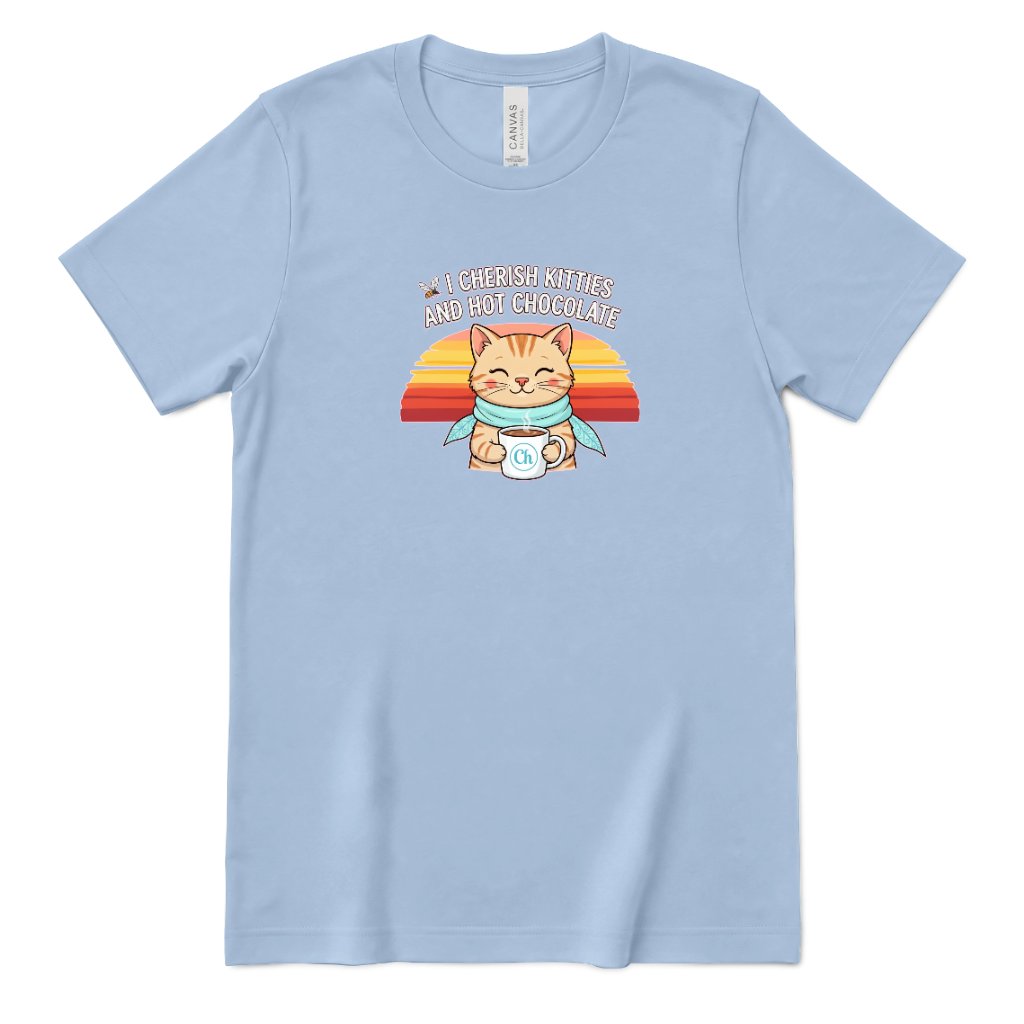 Retro Sunset Cat Tee, Cozy Fall Cat Lover T‑Shirt, Hot Chocolate Graphic Tee, Kitty Owner Gift Top - Baby Blue Front