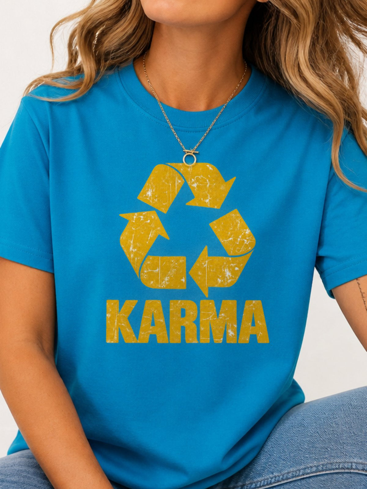 Karma Recycle Symbol Distressed Graphic T-Shirt - Sapphire Model