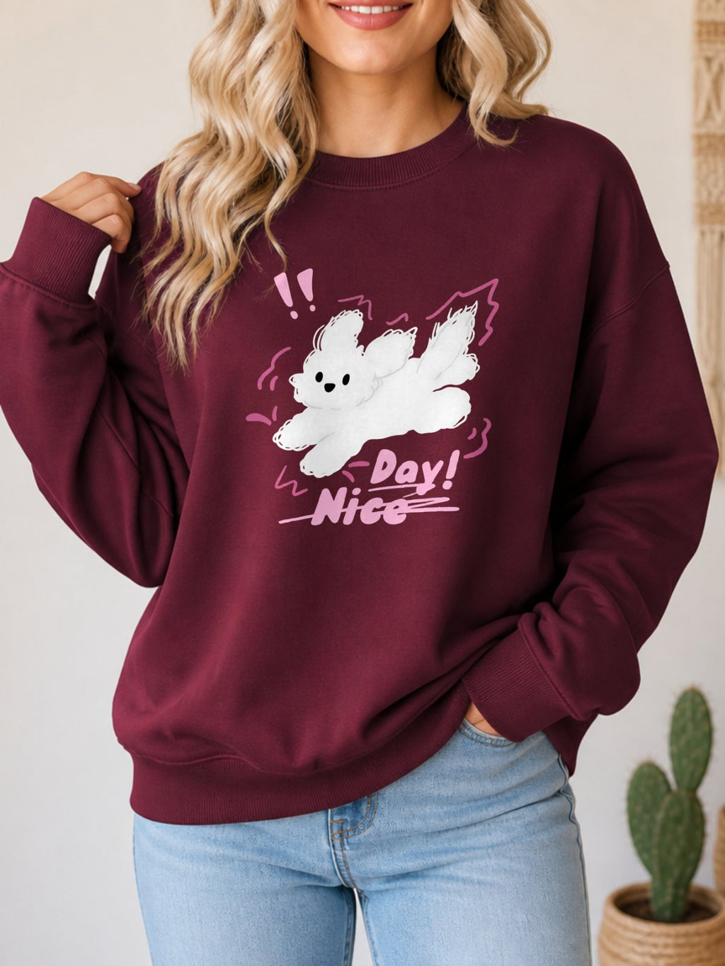 Nice Day Fluffy Puppy Vintage Boho Graphic Sweatshirt - Hanes_Maroon Model