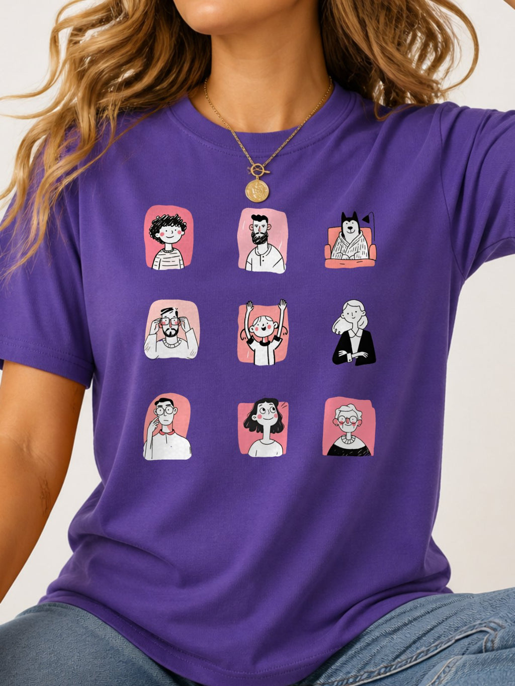 Cute Cartoon People Characters T-Shirt - Lilac Model