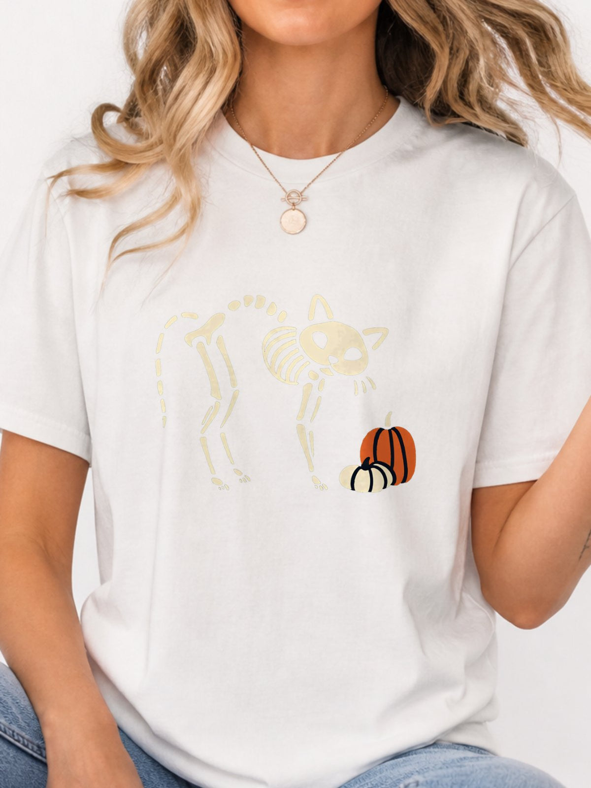Cat Skeleton Pumpkin Halloween Graphic T-Shirt - White Model