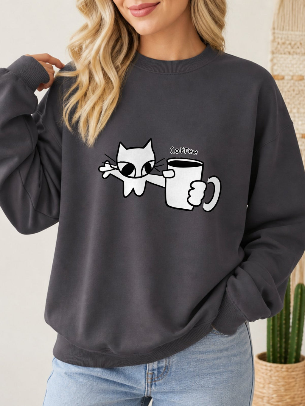 Cat Holding Coffee Vintage Boho Graphic Sweatshirt - Hanes_Charcoal_Heather Model
