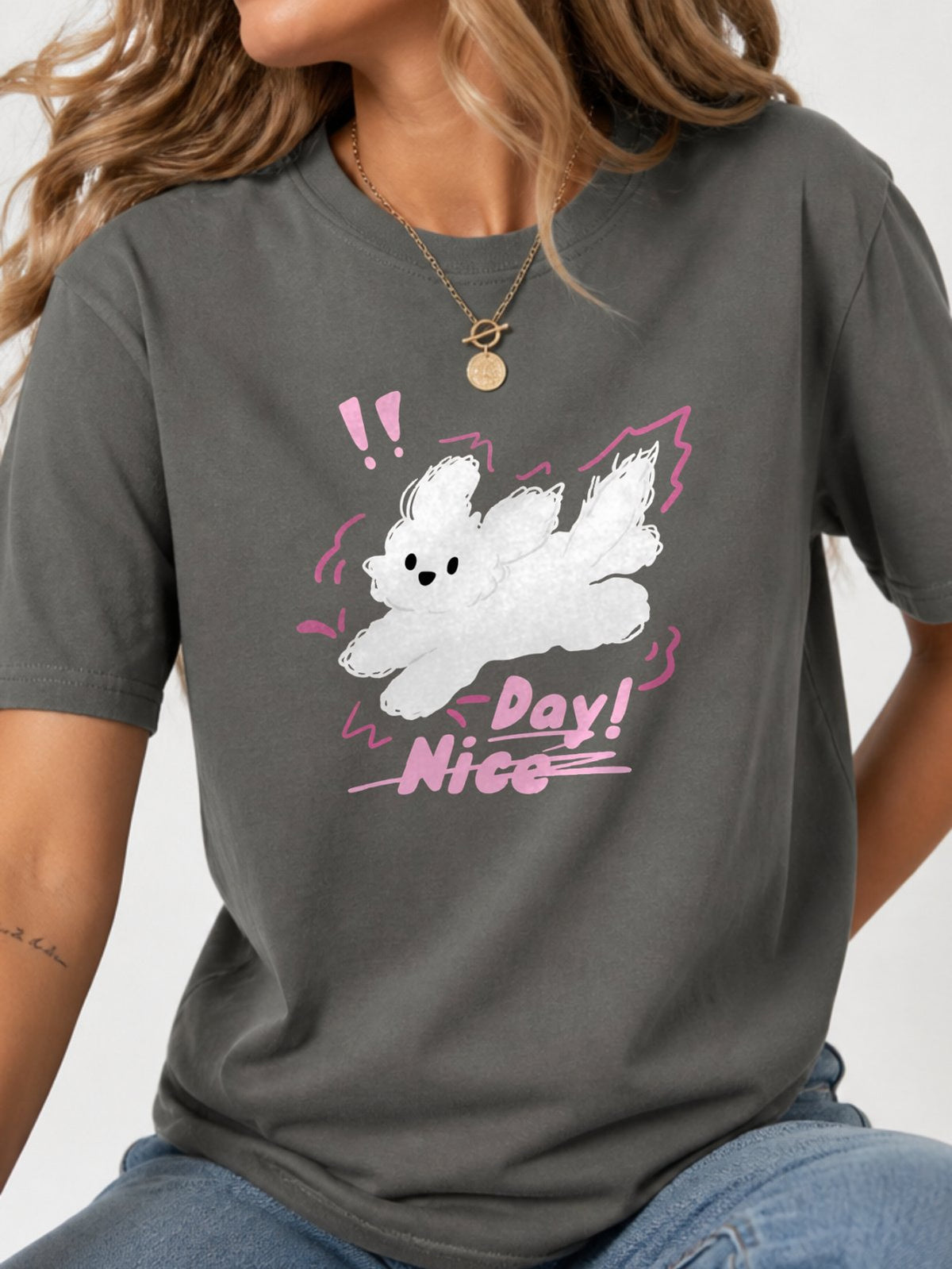 Nice Day Fluffy Dog Graphic T-Shirt - Charcoal Model