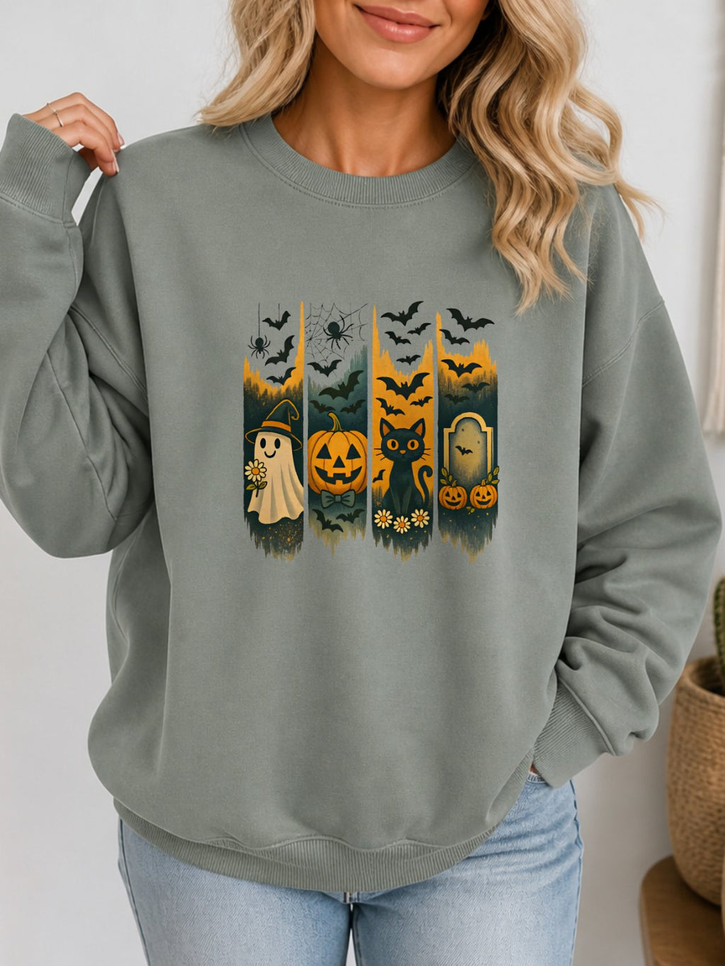 Retro Boho Daisy Spooky Season Sweatshirt - Hanes_Stonewashed_Green Model