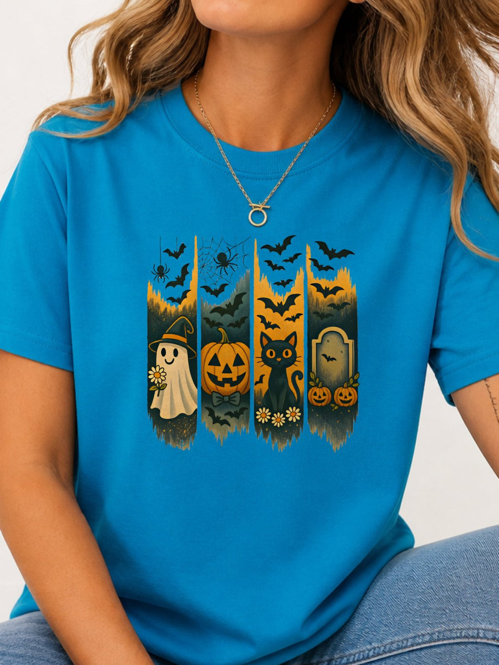 Halloween Ghost Black Cat Pumpkin Bat Graphic T-Shirt - Sapphire Model