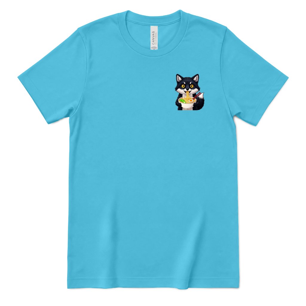 Cute Wolf Eating Ramen Pocket Print Tee, Kawaii Noodle Lover Shirt, Small Graphic T‑Shirt, Anime Food Tee, Casual Minimal Animal Top - Turquoise Front
