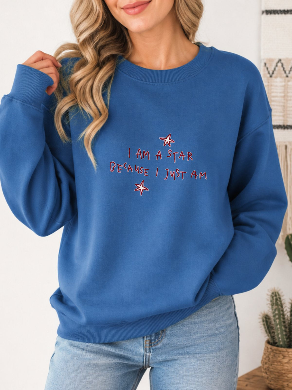 I Am A Star Vintage Boho Graphic Sweatshirt - Hanes_Denim_Blue Model