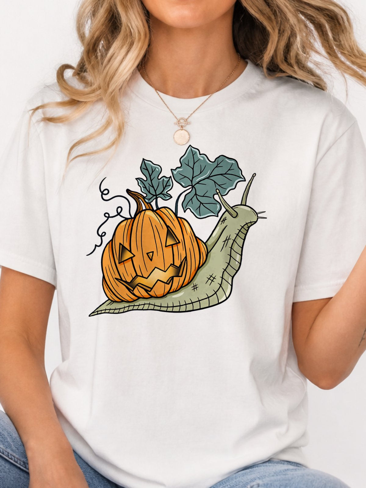 Snail Jack O Lantern Pumpkin Graphic T-Shirt - White Model