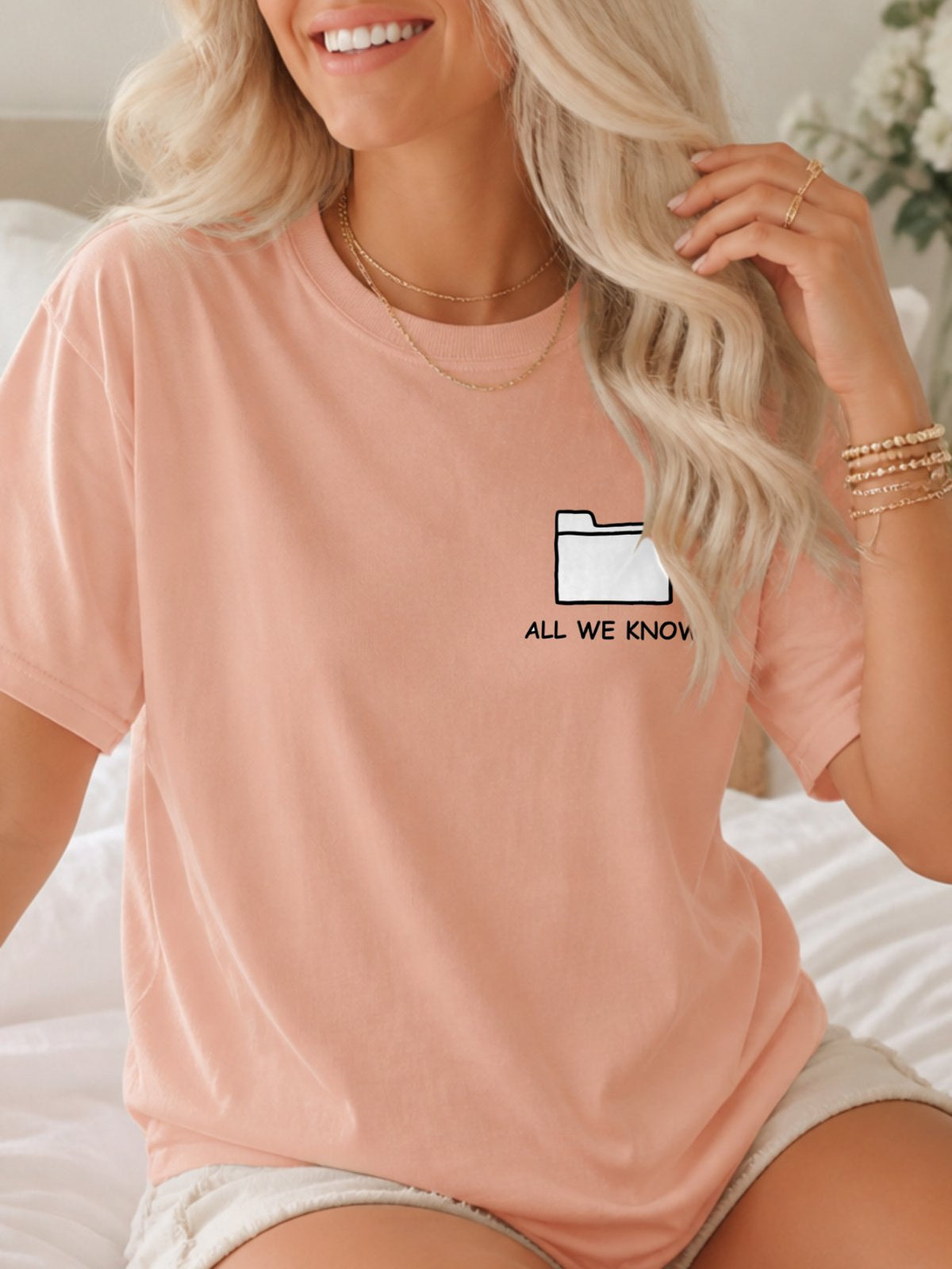 All We Know Folder Doodle Graphic T-Shirt - Dusty Rose Model