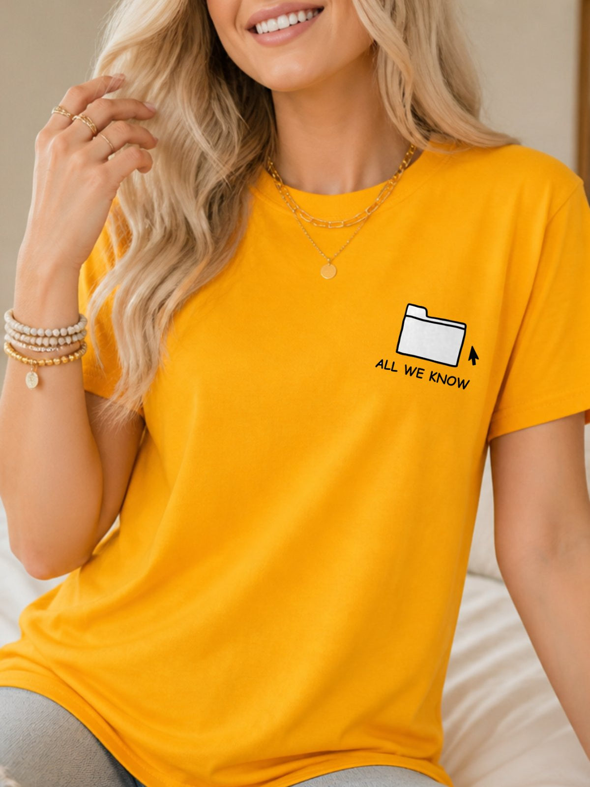 All We Know Folder Doodle Graphic T-Shirt - Gold Model