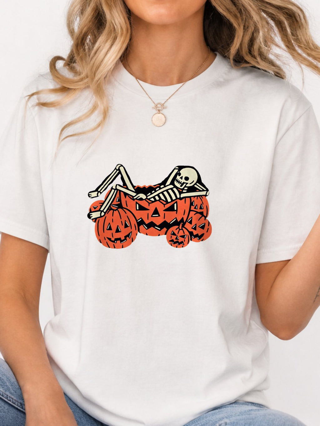 Skeleton Chilling In Pumpkin Graphic Tee - White Model