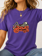 Skeleton Chilling In Pumpkin Graphic Tee - Lilac Model