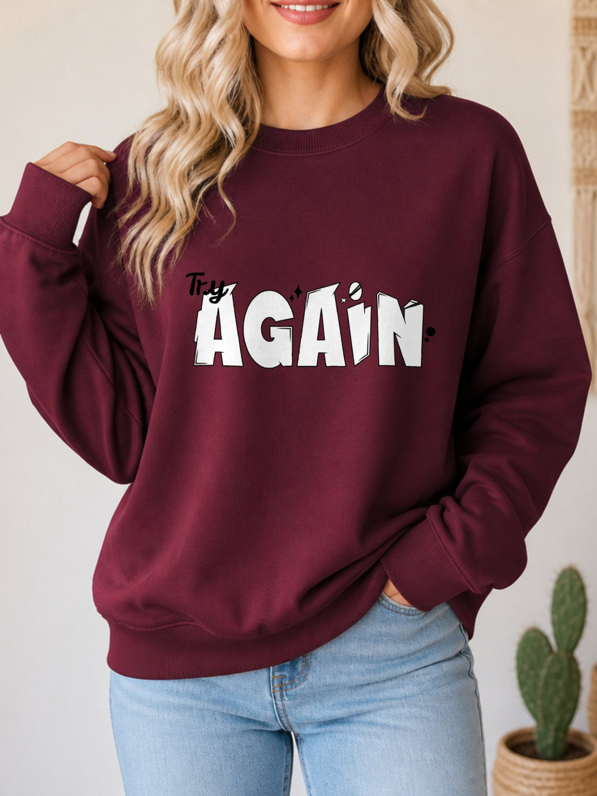 Try Again Vintage Boho Graphic Sweatshirt - Hanes_Maroon Model