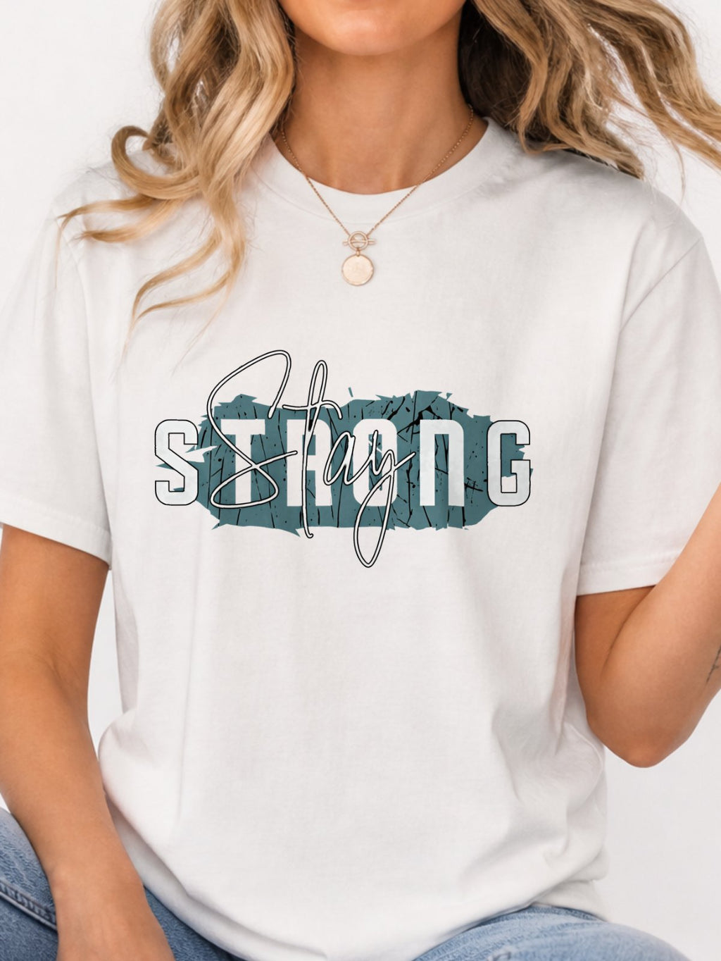 Stay Strong Distressed Script Graphic T-Shirt - White Model