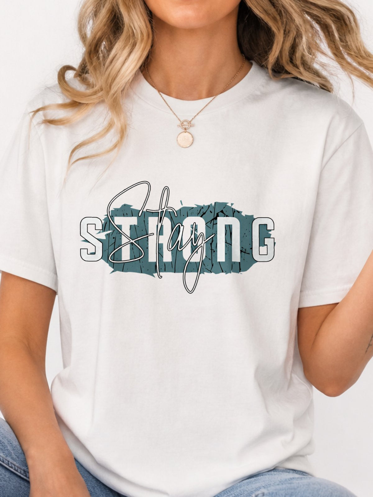 Stay Strong Distressed Script Graphic T-Shirt - White Model