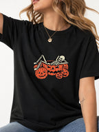 Skeleton Chilling In Pumpkin Graphic Tee - Black Model