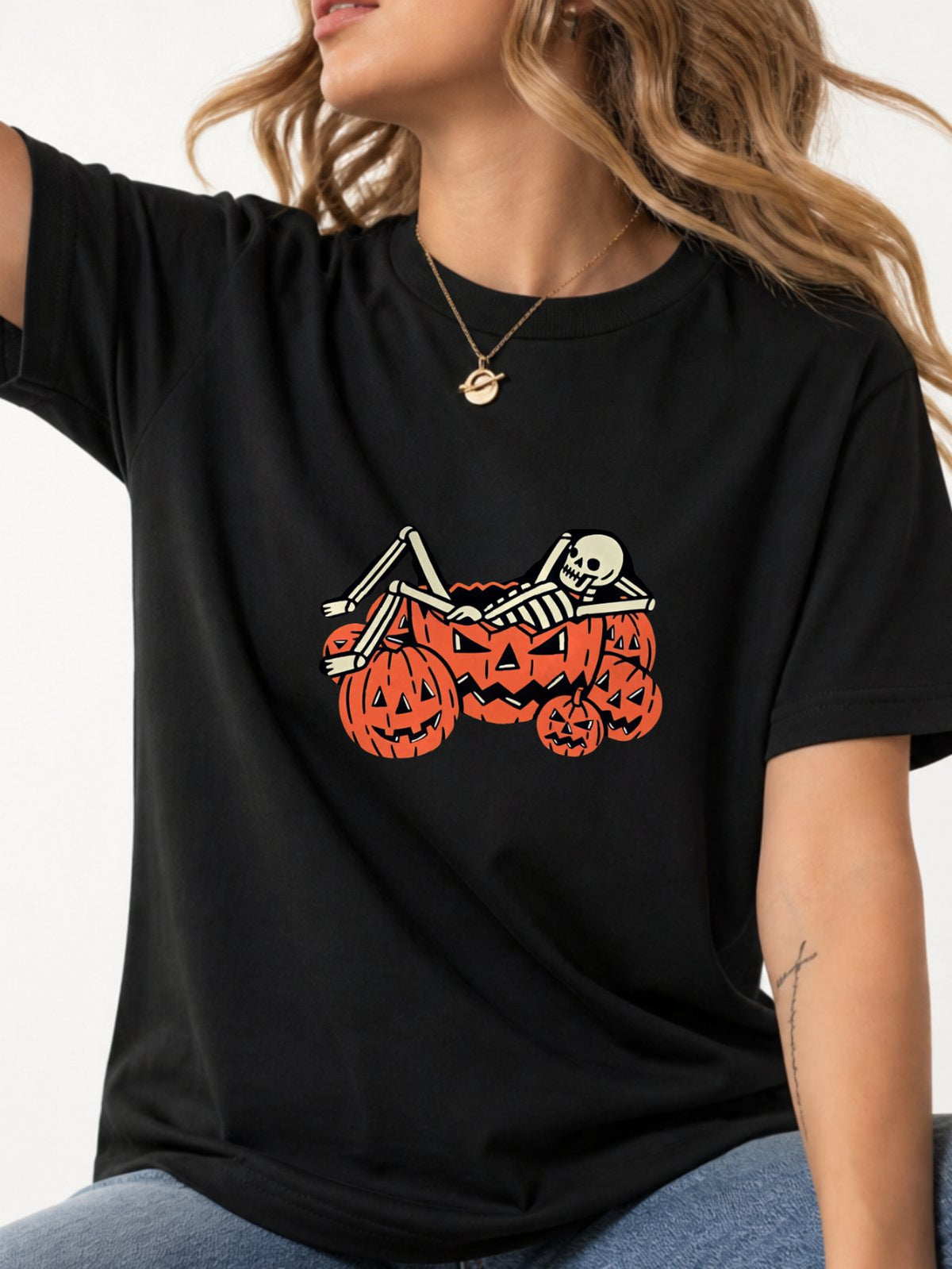 Skeleton Chilling In Pumpkin Graphic Tee - Black Model