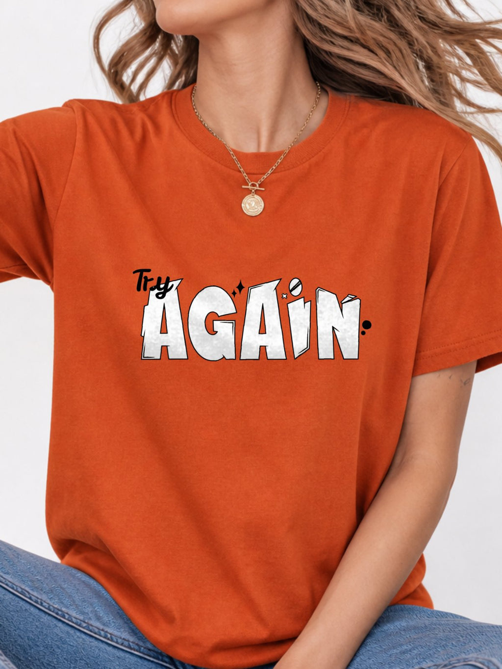 Try Again Cartoon Text Quote Graphic T-Shirt - Texas Orange Model