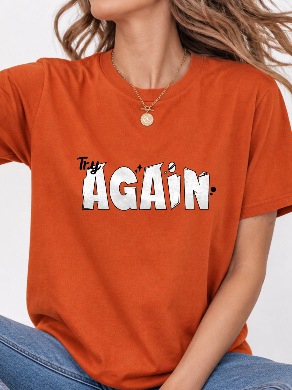 Try Again Cartoon Text Quote Graphic T-Shirt - Texas Orange Model