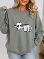 Cat Holding Coffee Vintage Boho Graphic Sweatshirt - Hanes_Stonewashed_Green Model