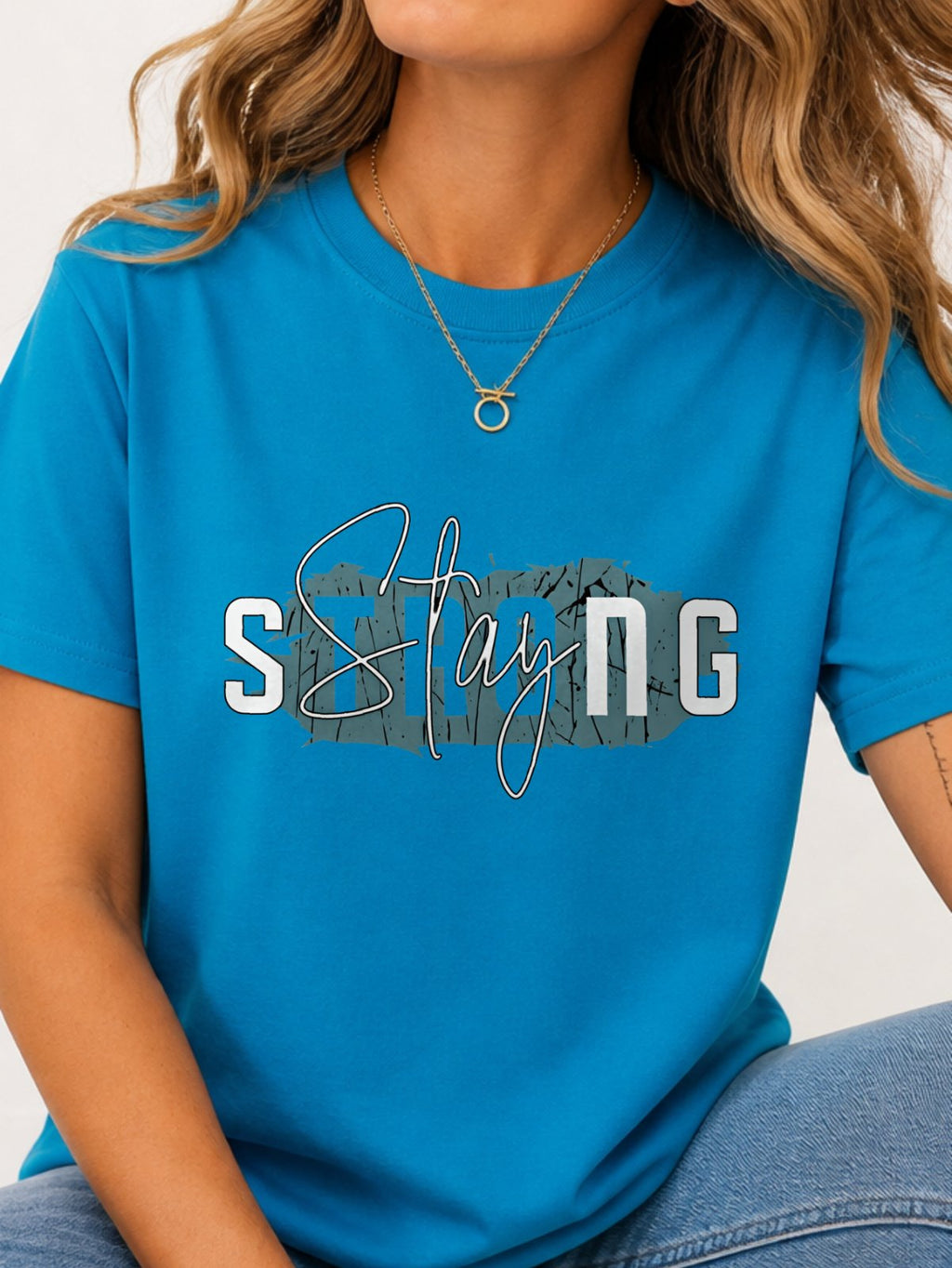 Stay Strong Distressed Script Graphic T-Shirt - Sapphire Model