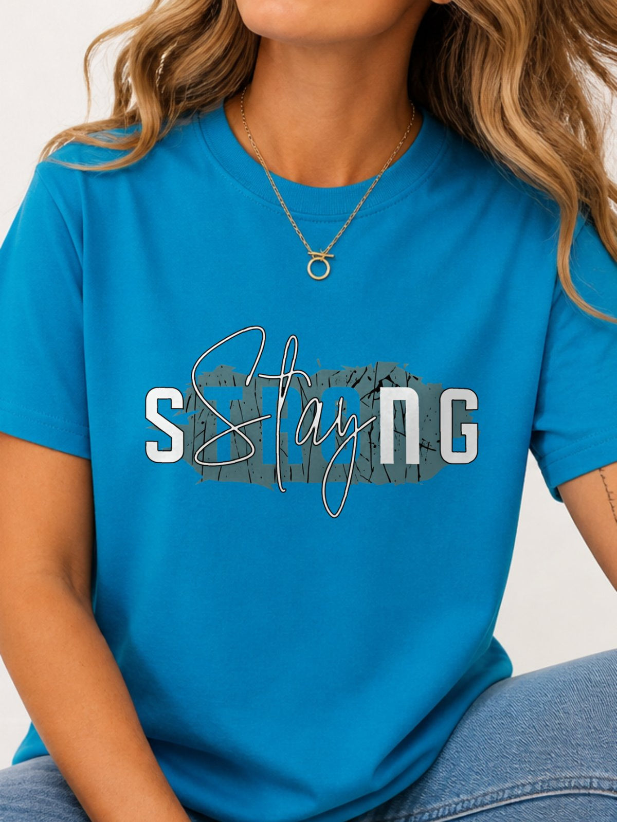 Stay Strong Distressed Script Graphic T-Shirt - Sapphire Model