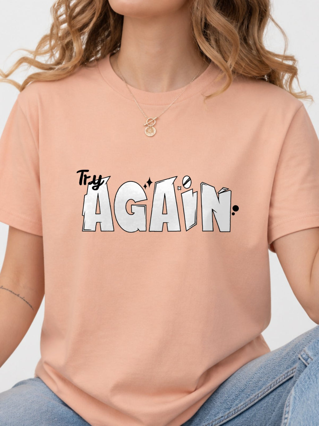 Try Again Cartoon Text Quote Graphic T-Shirt - Dusty Rose Model