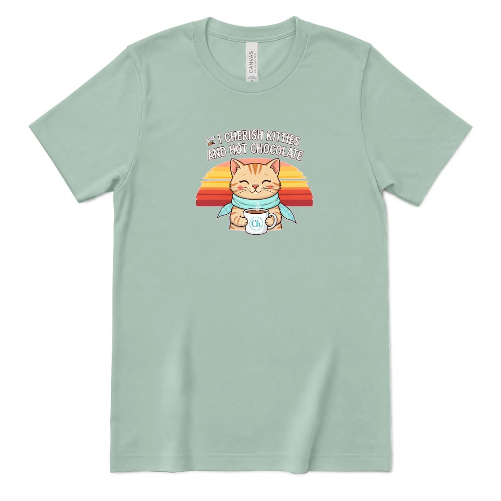 Retro Sunset Cat Tee, Cozy Fall Cat Lover T‑Shirt, Hot Chocolate Graphic Tee, Kitty Owner Gift Top - Dusty Blue Front