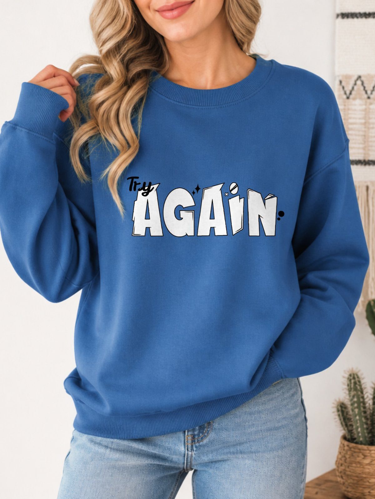 Try Again Vintage Boho Graphic Sweatshirt - Hanes_Denim_Blue Model