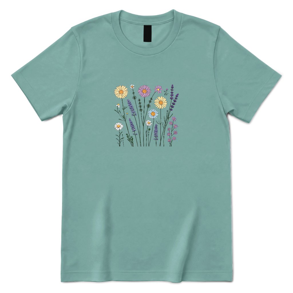 **Boho Lavender Daisy Wildflower Shirt, Abstract Floral Graphic Casual Short Sleeve Top** - Aquatic Front