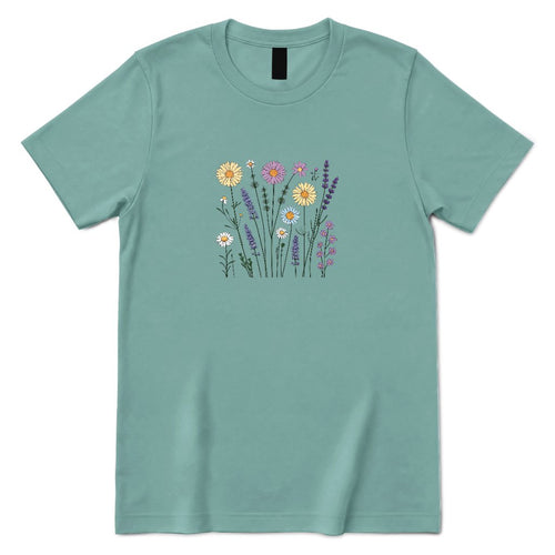 **Boho Lavender Daisy Wildflower Shirt, Abstract Floral Graphic Casual Short Sleeve Top** - Aquatic Front