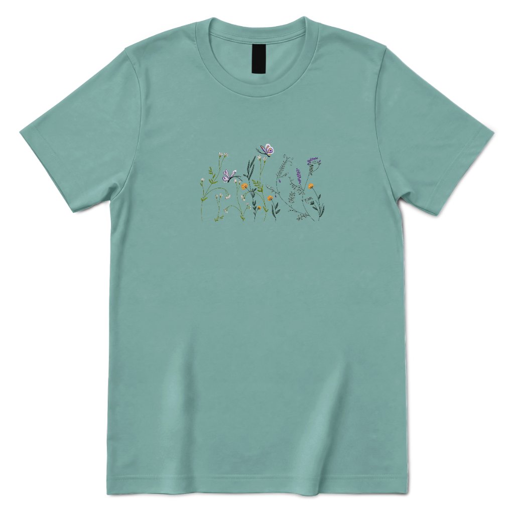 Vintage Embroidery Butterfly Wildflower Graphic Tee, Women Premium 100% Cotton Relaxed Fit Crew Neck Short Sleeve Top, Minimal Printed T‑Shirt for Street Outdoor Daily Office Casual Outfits - Aquatic Front
