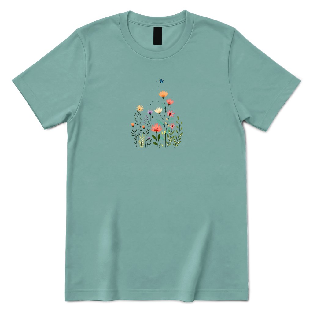 Boho Wildflower Butterfly Graphic Shirt, Abstract Floral Print Casual Short Sleeve Top - Aquatic Front