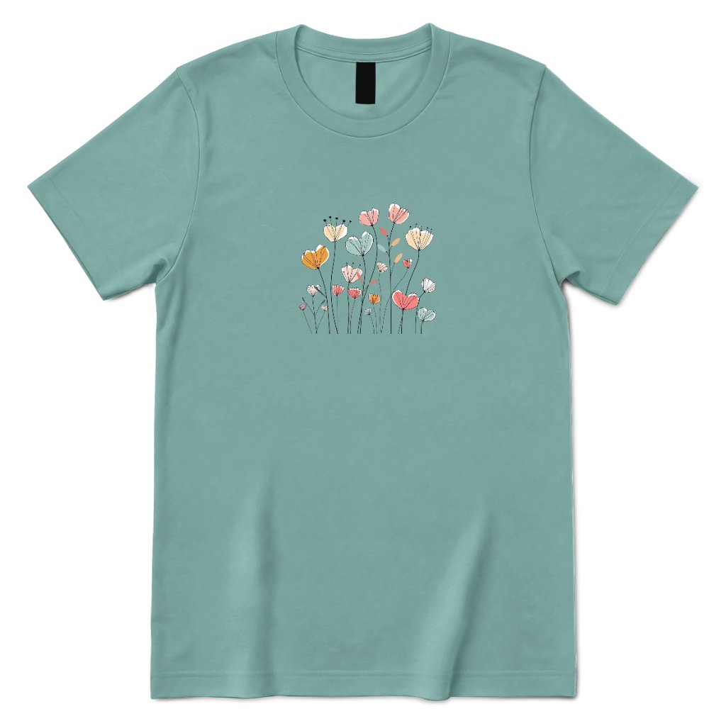 Pastel Boho Wildflower Line Art Tee - Aquatic Front