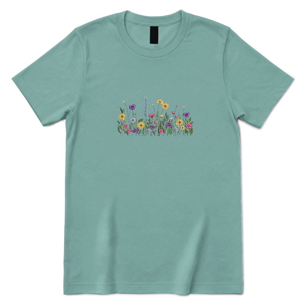**Vintage Meadow Wildflower Graphic Tee, Boho Floral Print Casual Short Sleeve Shirt** - Aquatic Front