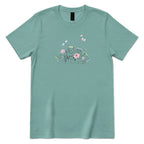 **Line Art Floral Dragonfly Bee Graphic Tee, Boho Wildflower Casual Short Sleeve Shirt** - Aquatic Front