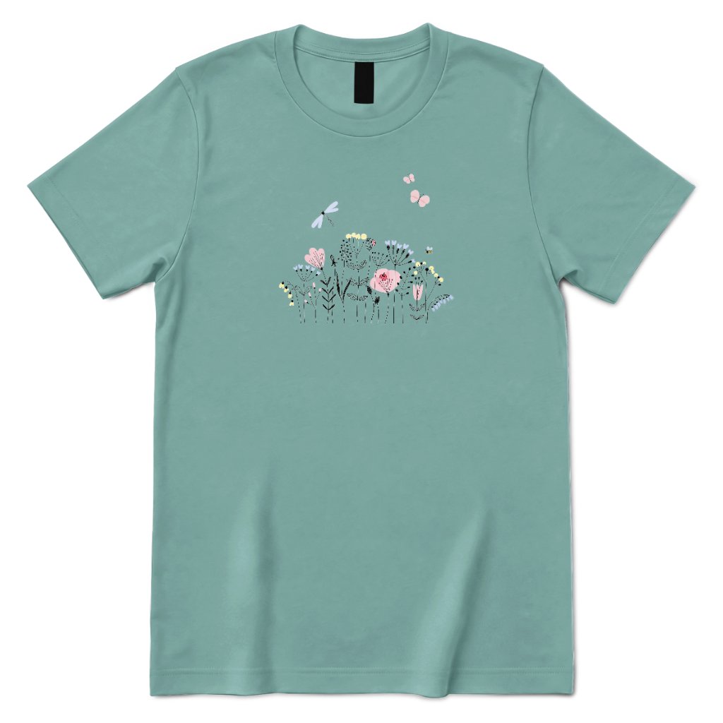 **Line Art Floral Dragonfly Bee Graphic Tee, Boho Wildflower Casual Short Sleeve Shirt** - Aquatic Front