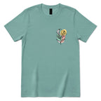 Boho Wildflower Pocket Print T‑Shirt, Minimal Floral Line Art Tee, Subtle Botanical Casual Top, Abstract Wild Flower Shirt, Soft Boho Daily Wear Tee - Aquatic Front